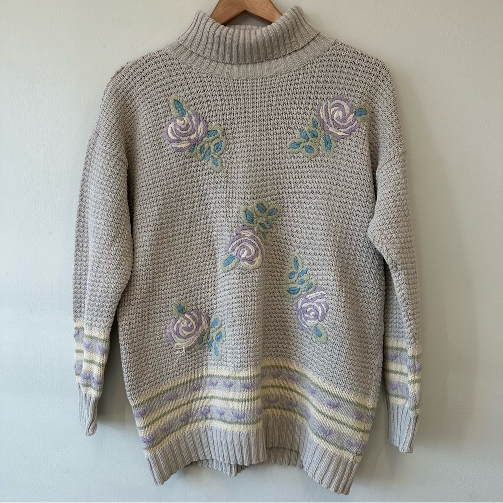 Petite Sophisticate Floral Embroidered Turtleneck Sweater - Light Gray, Purple